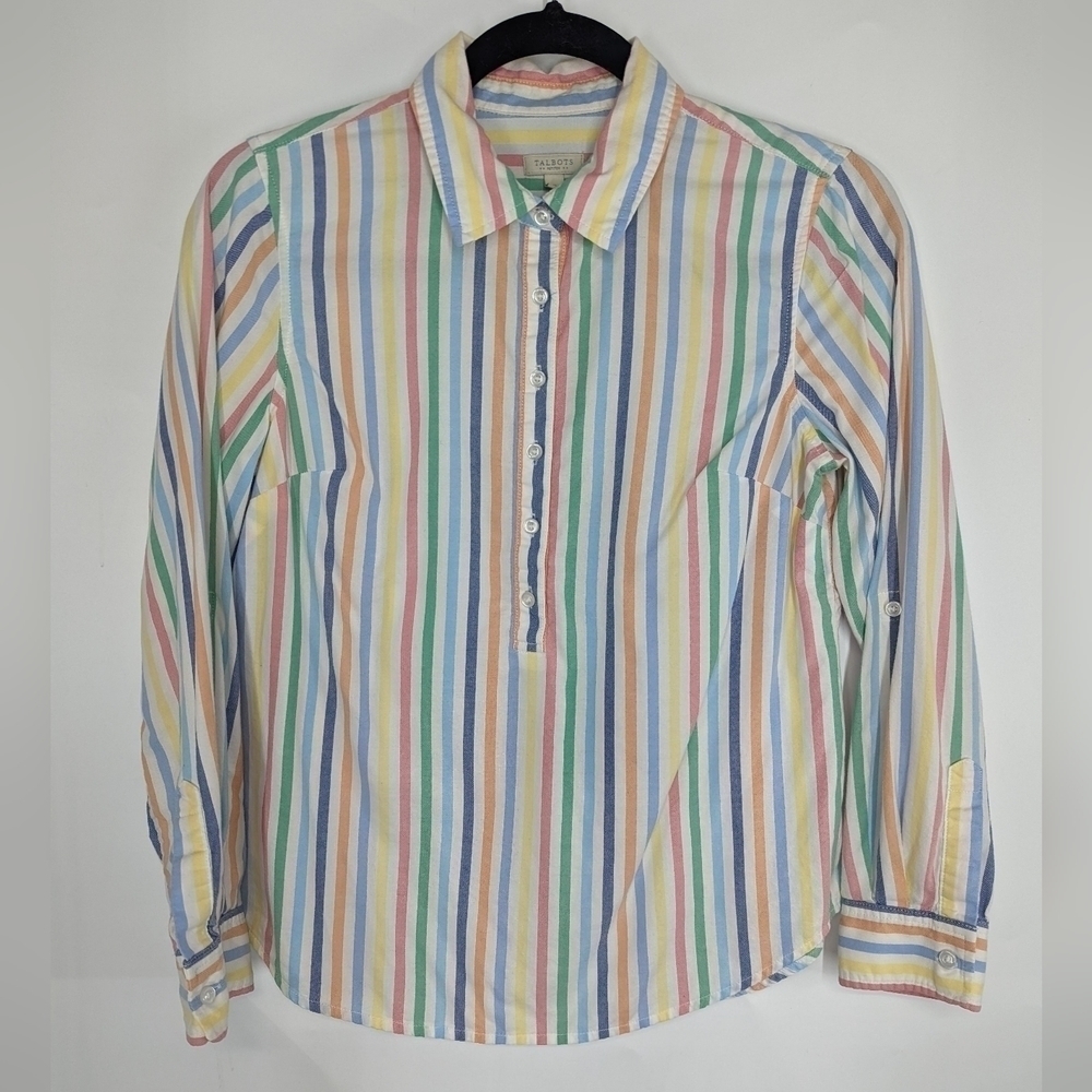 TALBOTS Outlet Striped Roll Tab Long Sleeve Popover Top